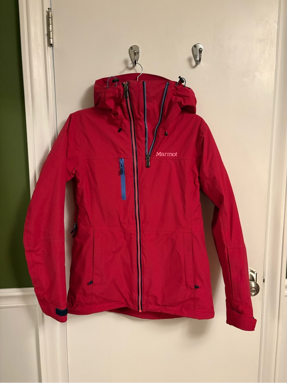 Marmot Women's Red Hooded Waterproof Ski Jacket with Blue Zipper Accents